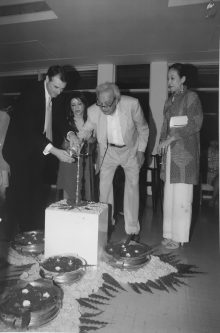 Late S.H. Raza inaugrating a solo show with the French Ambasador in Mumbai